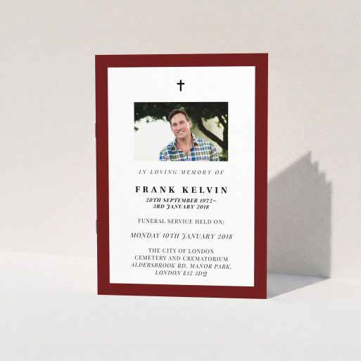 Funeral Ceremony Program Design - "Impact of red" A funeral ceremony program design titled "Impact of red". It is an A5 booklet in a portrait orientation. It is a photographic funeral ceremony program with room for 1 photo. "Impact of red" is available as a folded booklet booklet, with tones of burgundy and white.