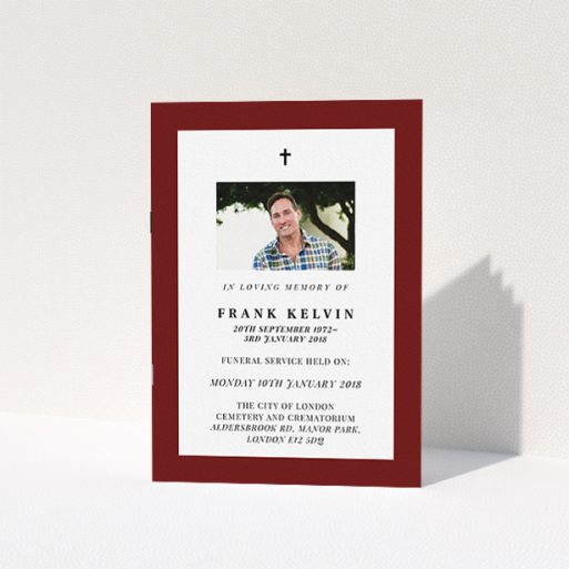 A funeral ceremony program design titled "Impact of red". It is an A5 booklet in a portrait orientation. It is a photographic funeral ceremony program with room for 1 photo. "Impact of red" is available as a folded booklet booklet, with tones of burgundy and white.