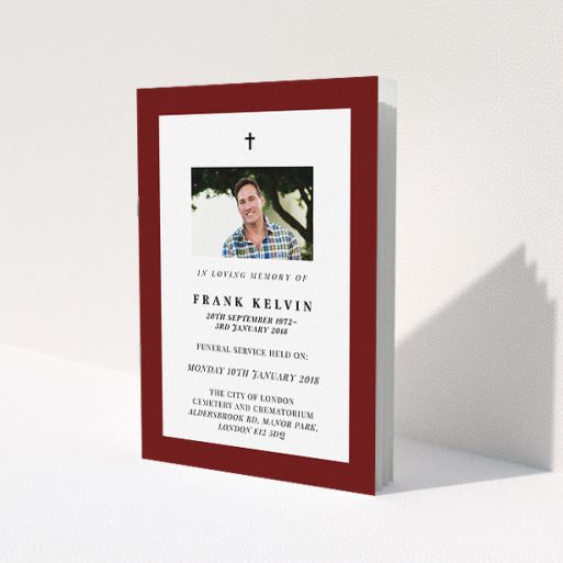 A funeral ceremony program design titled 'Impact of red'. It is an A5 booklet in a portrait orientation. It is a photographic funeral ceremony program with room for 1 photo. 'Impact of red' is available as a folded booklet booklet, with tones of burgundy and white.