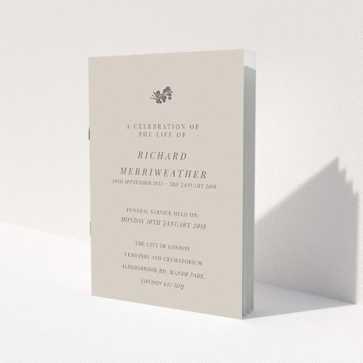 A funeral ceremony program named 'Impression of the branch'. It is an A5 booklet in a portrait orientation. 'Impression of the branch' is available as a folded booklet booklet, with mainly dark cream colouring.