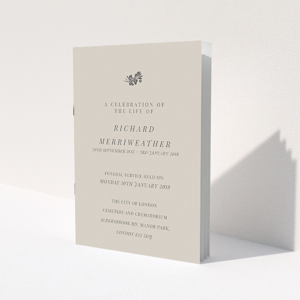 A funeral ceremony program named "Impression of the branch". It is an A5 booklet in a portrait orientation. "Impression of the branch" is available as a folded booklet booklet, with mainly dark cream colouring.
