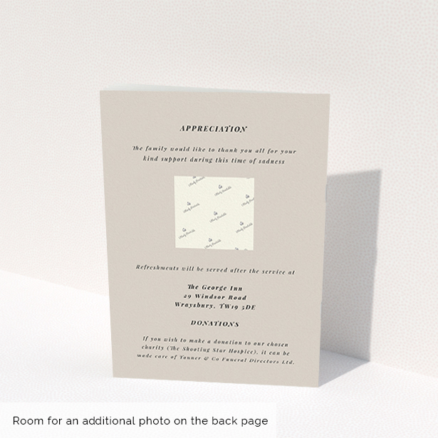 A funeral ceremony program named "Impression of the branch". It is an A5 booklet in a portrait orientation. "Impression of the branch" is available as a folded booklet booklet, with mainly dark cream colouring.