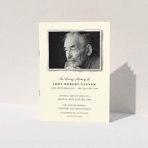 Funeral Ceremony Program Design - "Ragged photo" A funeral ceremony program design called "Ragged photo". It is an A5 booklet in a portrait orientation. It is a photographic funeral ceremony program with room for 1 photo. "Ragged photo" is available as a folded booklet booklet, with mainly cream colouring.