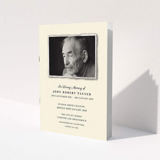 A funeral ceremony program design called 'Ragged photo'. It is an A5 booklet in a portrait orientation. It is a photographic funeral ceremony program with room for 1 photo. 'Ragged photo' is available as a folded booklet booklet, with mainly cream colouring.