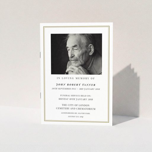 Funeral Ceremony Program Design - "Thinking of you" A funeral ceremony program template titled "Thinking of you". It is an A5 booklet in a portrait orientation. It is a photographic funeral ceremony program with room for 1 photo. "Thinking of you" is available as a folded booklet booklet, with mainly gold colouring.