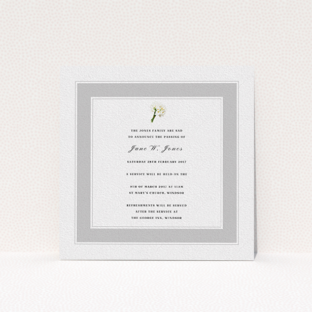 A funeral invite named "A bouquet of remembrance". It is a square (148mm x 148mm) invite in a square orientation. "A bouquet of remembrance" is available as a flat invite, with tones of grey and white.