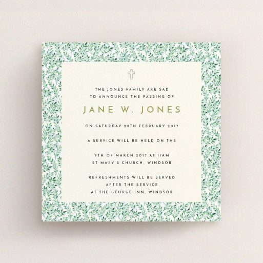 A funeral invite design titled "A garden remembrance". It is a square (148mm x 148mm) invite in a square orientation. "A garden remembrance" is available as a flat invite, with mainly green colouring.