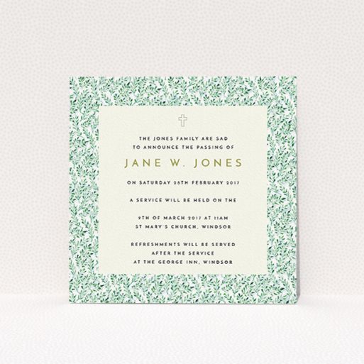 A funeral invite design titled "A garden remembrance". It is a square (148mm x 148mm) invite in a square orientation. "A garden remembrance" is available as a flat invite, with mainly green colouring.