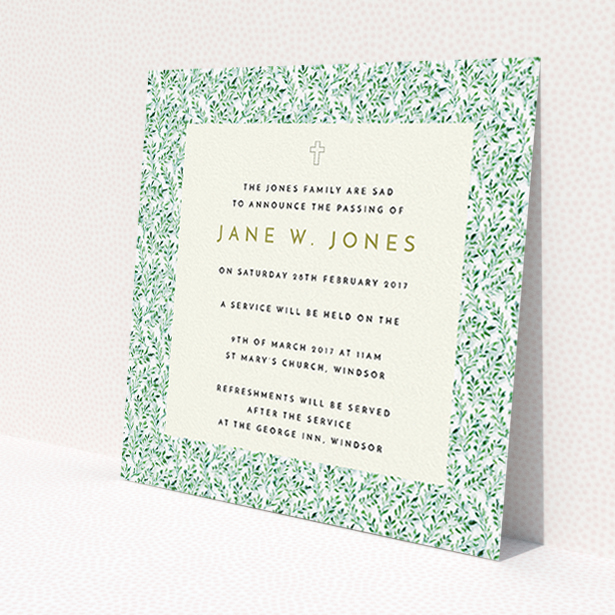 A funeral invite design titled 'A garden remembrance'. It is a square (148mm x 148mm) invite in a square orientation. 'A garden remembrance' is available as a flat invite, with mainly green colouring.