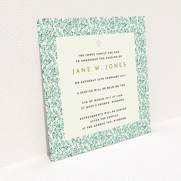A funeral invite design titled "A garden remembrance". It is a square (148mm x 148mm) invite in a square orientation. "A garden remembrance" is available as a flat invite, with mainly green colouring.