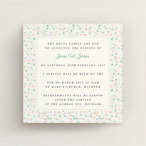 A funeral invite design named "A hint of flowers". It is a square (148mm x 148mm) invite in a square orientation. "A hint of flowers" is available as a flat invite, with tones of cream, green and orange.