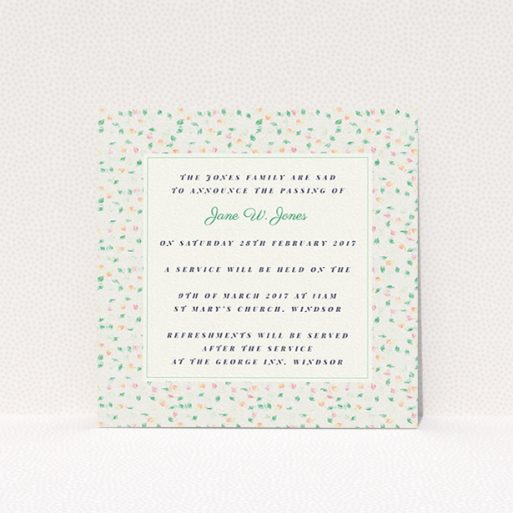 A funeral invite design named "A hint of flowers". It is a square (148mm x 148mm) invite in a square orientation. "A hint of flowers" is available as a flat invite, with tones of cream, green and orange.