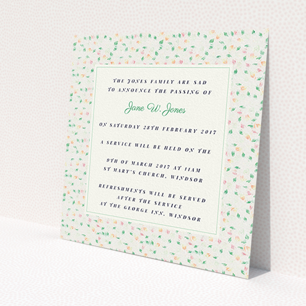 A funeral invite design named 'A hint of flowers'. It is a square (148mm x 148mm) invite in a square orientation. 'A hint of flowers' is available as a flat invite, with tones of cream, green and orange.