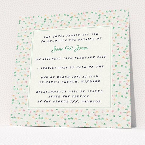 A funeral invite design named "A hint of flowers". It is a square (148mm x 148mm) invite in a square orientation. "A hint of flowers" is available as a flat invite, with tones of cream, green and orange.