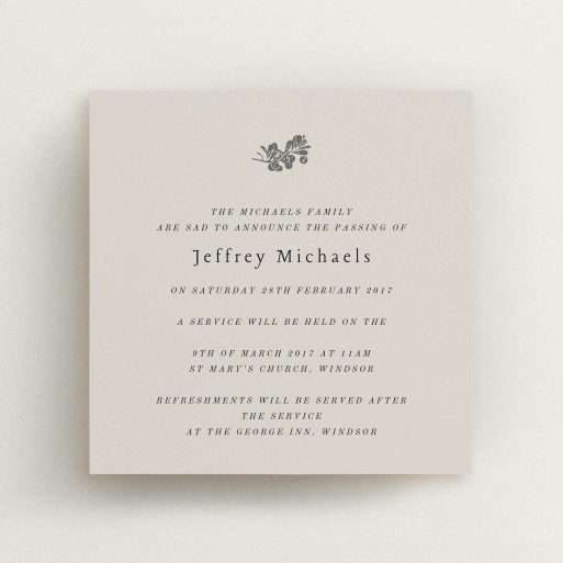 A funeral invite called "Abstract branch". It is a square (148mm x 148mm) invite in a square orientation. "Abstract branch" is available as a flat invite, with mainly dark cream colouring.