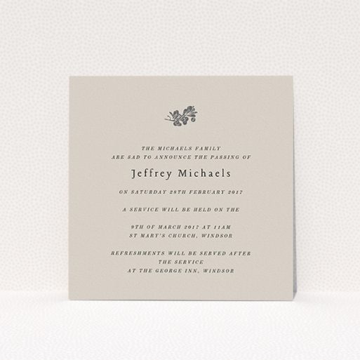 A funeral invite called "Abstract branch". It is a square (148mm x 148mm) invite in a square orientation. "Abstract branch" is available as a flat invite, with mainly dark cream colouring.