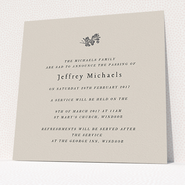 A funeral invite called "Abstract branch". It is a square (148mm x 148mm) invite in a square orientation. "Abstract branch" is available as a flat invite, with mainly dark cream colouring.
