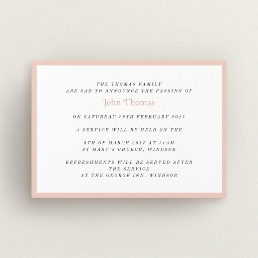 A funeral invite design named "Broad pink". It is an A6 invite in a landscape orientation. "Broad pink" is available as a flat invite, with tones of pink and white.