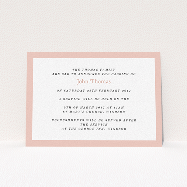 A funeral invite design named "Broad pink". It is an A6 invite in a landscape orientation. "Broad pink" is available as a flat invite, with tones of pink and white.