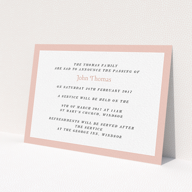 A funeral invite design named "Broad pink". It is an A6 invite in a landscape orientation. "Broad pink" is available as a flat invite, with tones of pink and white.