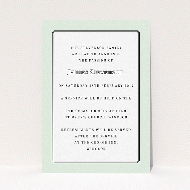 A funeral invite design titled "Decrement". It is an A5 invite in a portrait orientation. "Decrement" is available as a flat invite, with mainly green colouring.
