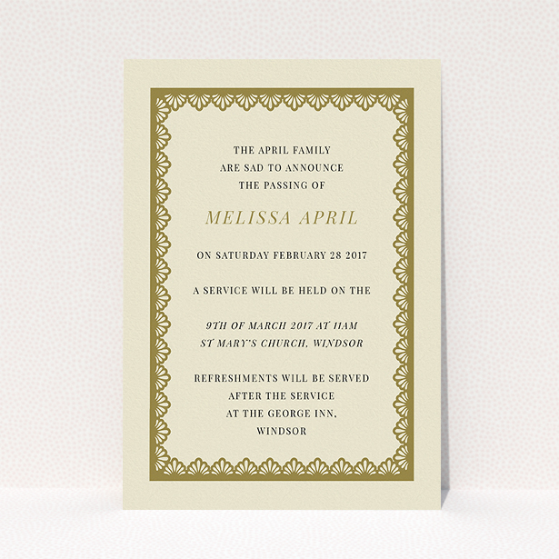 A funeral invite template titled "Golden stage". It is an A5 invite in a portrait orientation. "Golden stage" is available as a flat invite, with tones of cream and gold.