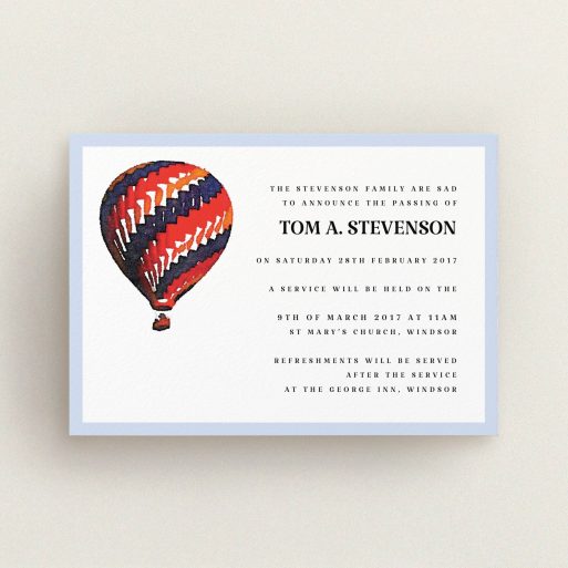 A funeral invite design named "Into the big blue". It is an A6 invite in a landscape orientation. "Into the big blue" is available as a flat invite, with tones of light blue and red.