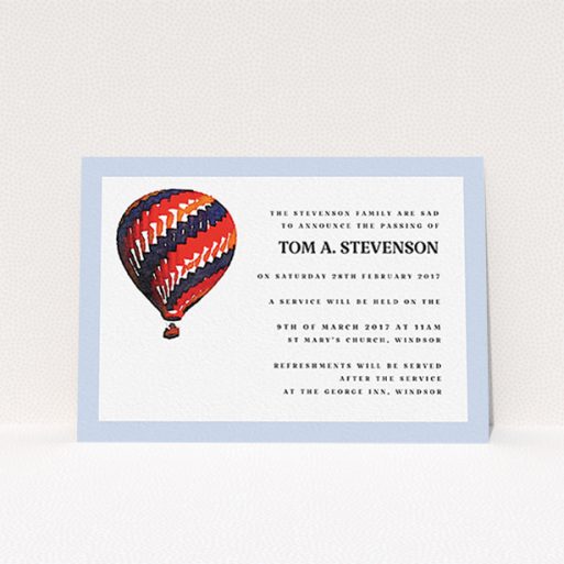 A funeral invite design named "Into the big blue". It is an A6 invite in a landscape orientation. "Into the big blue" is available as a flat invite, with tones of light blue and red.