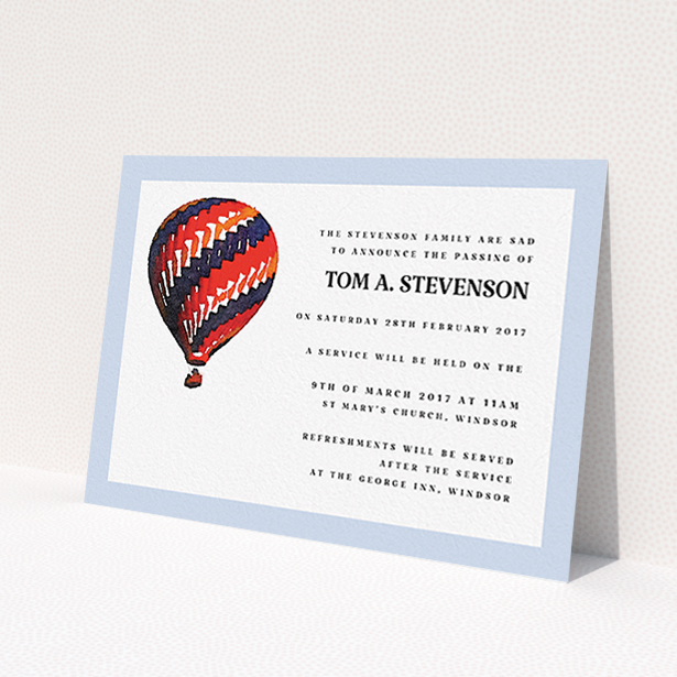 A funeral invite design named 'Into the big blue'. It is an A6 invite in a landscape orientation. 'Into the big blue' is available as a flat invite, with tones of light blue and red.