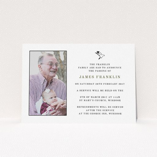 A funeral invite design called "On the wings of the Dove". It is an A5 invite in a landscape orientation. It is a photographic funeral invite with room for 1 photo. "On the wings of the Dove" is available as a flat invite, with mainly white colouring.