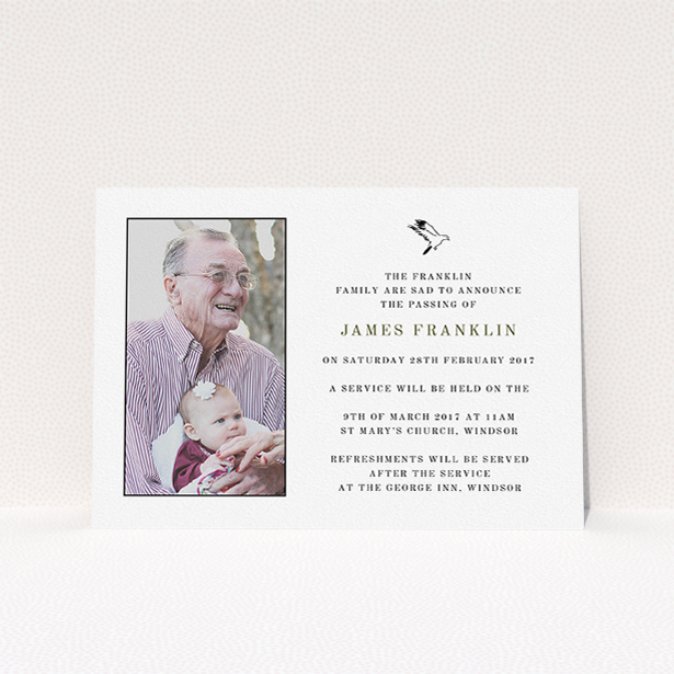 A funeral invite design called "On the wings of the Dove". It is an A5 invite in a landscape orientation. It is a photographic funeral invite with room for 1 photo. "On the wings of the Dove" is available as a flat invite, with mainly white colouring.