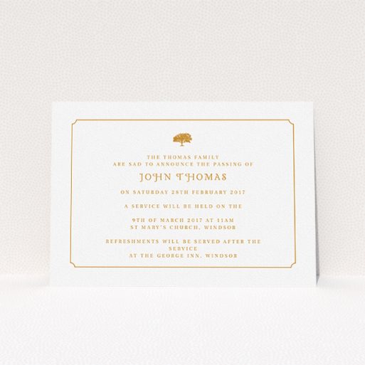 A funeral invite design named "Orange notched border". It is an A5 invite in a landscape orientation. "Orange notched border" is available as a flat invite, with tones of white and orange.