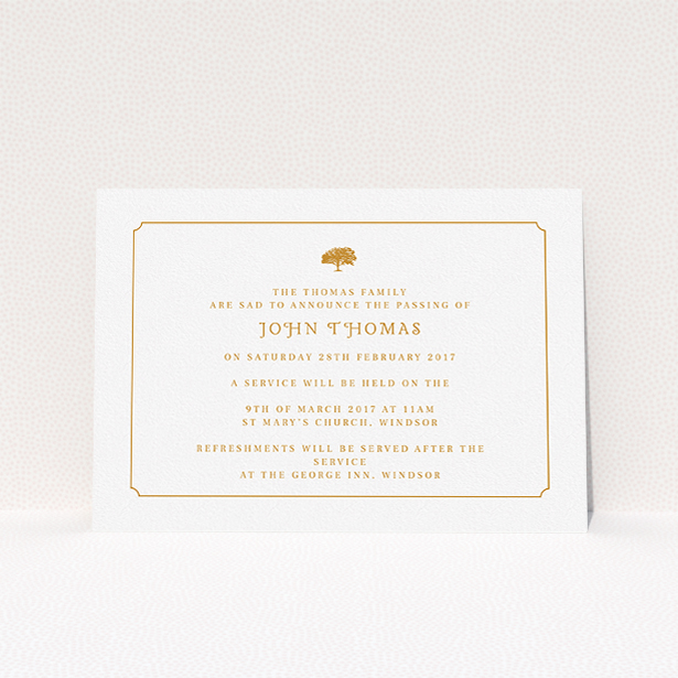 A funeral invite design named "Orange notched border". It is an A5 invite in a landscape orientation. "Orange notched border" is available as a flat invite, with tones of white and orange.