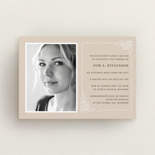 A funeral invite design titled "Peach border". It is an A6 invite in a landscape orientation. It is a photographic funeral invite with room for 1 photo. "Peach border" is available as a flat invite, with mainly dark cream colouring.