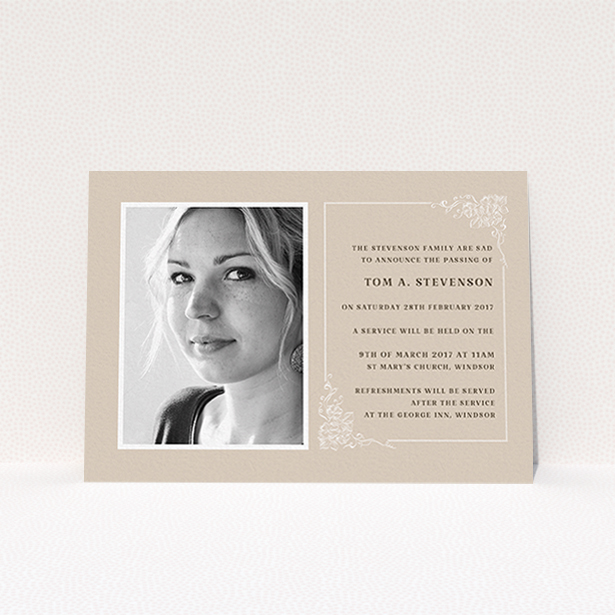 A funeral invite design titled "Peach border". It is an A6 invite in a landscape orientation. It is a photographic funeral invite with room for 1 photo. "Peach border" is available as a flat invite, with mainly dark cream colouring.