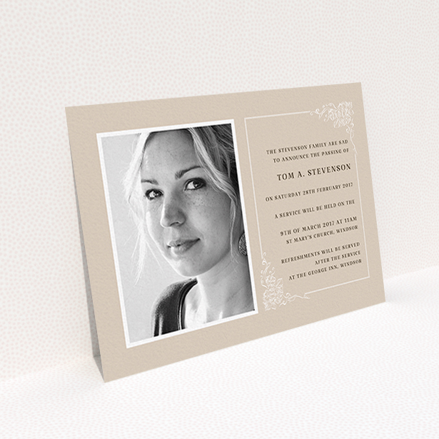 A funeral invite design titled "Peach border". It is an A6 invite in a landscape orientation. It is a photographic funeral invite with room for 1 photo. "Peach border" is available as a flat invite, with mainly dark cream colouring.
