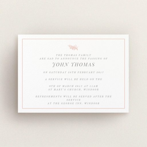 A funeral invite called "Pink olive branch". It is an A6 invite in a landscape orientation. "Pink olive branch" is available as a flat invite, with tones of white and pink.
