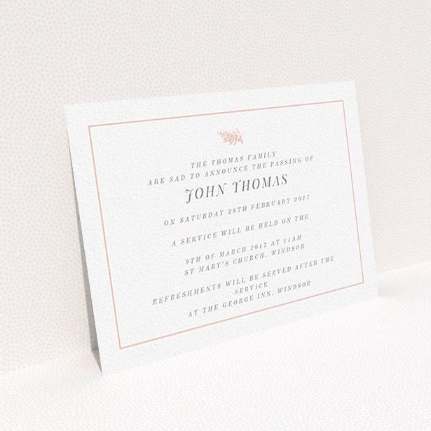 A funeral invite called "Pink olive branch". It is an A6 invite in a landscape orientation. "Pink olive branch" is available as a flat invite, with tones of white and pink.