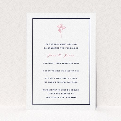 A funeral invite design named "Simplistic daisy". It is an A6 invite in a portrait orientation. "Simplistic daisy" is available as a flat invite, with tones of white and pink.
