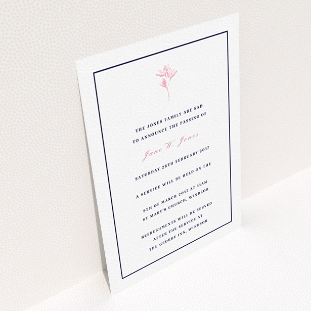 A funeral invite design named "Simplistic daisy". It is an A6 invite in a portrait orientation. "Simplistic daisy" is available as a flat invite, with tones of white and pink.