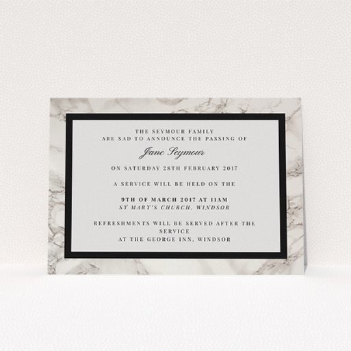 A funeral invite template titled "Stead fast marble". It is an A5 invite in a landscape orientation. "Stead fast marble" is available as a flat invite, with tones of grey and black.