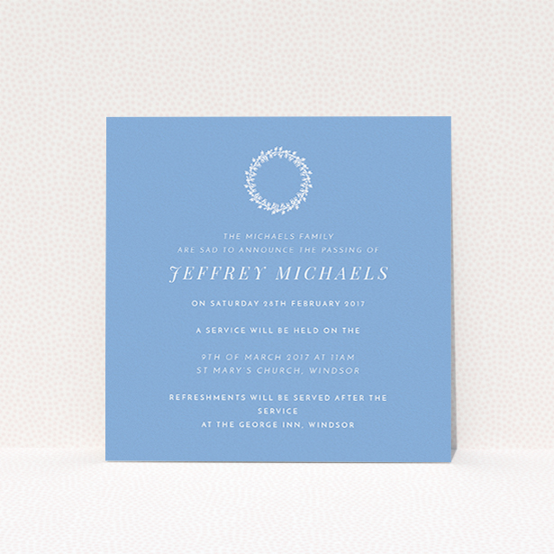 A funeral invite named "White flower circle". It is a square (148mm x 148mm) invite in a square orientation. "White flower circle" is available as a flat invite, with tones of blue and white.