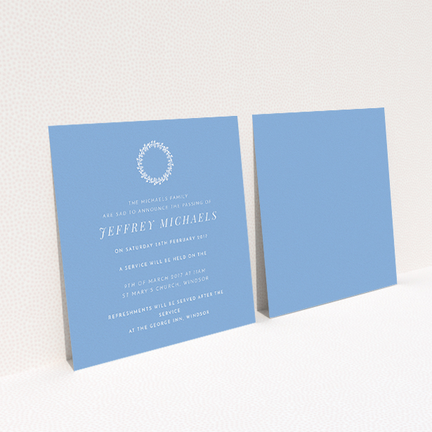 A funeral invite named "White flower circle". It is a square (148mm x 148mm) invite in a square orientation. "White flower circle" is available as a flat invite, with tones of blue and white.