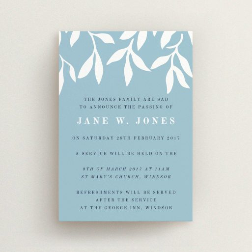 A funeral invite design titled "White vines". It is an A6 invite in a portrait orientation. "White vines" is available as a flat invite, with tones of blue and white.