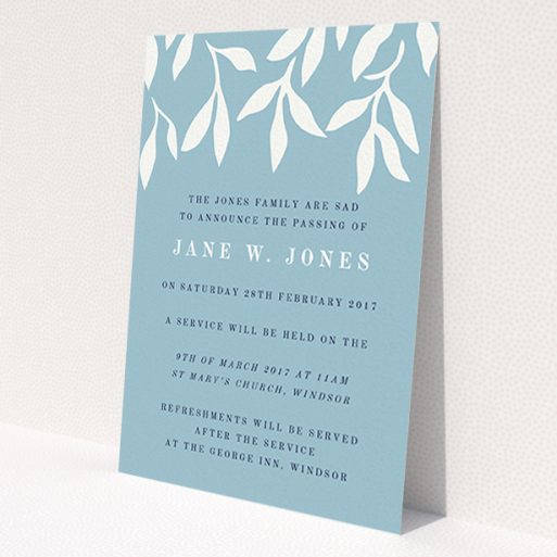 A funeral invite design titled 'White vines'. It is an A6 invite in a portrait orientation. 'White vines' is available as a flat invite, with tones of blue and white.