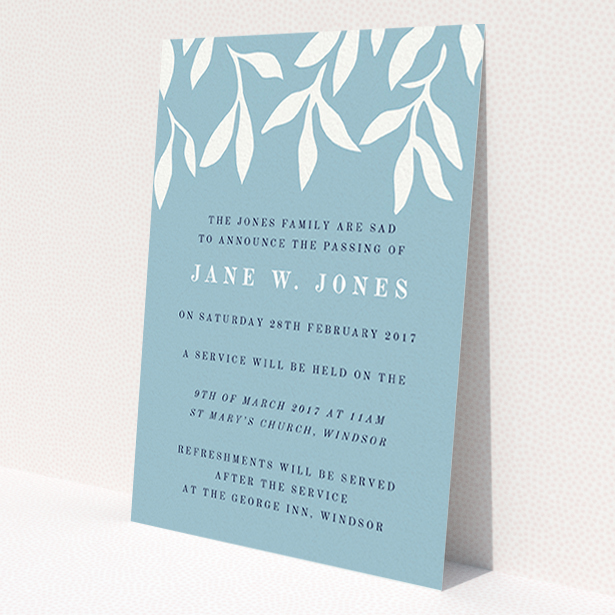 A funeral invite design titled 'White vines'. It is an A6 invite in a portrait orientation. 'White vines' is available as a flat invite, with tones of blue and white.