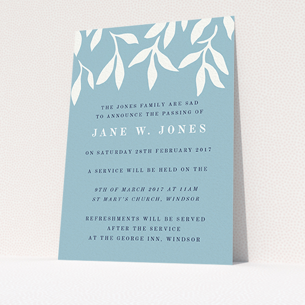 A funeral invite design titled "White vines". It is an A6 invite in a portrait orientation. "White vines" is available as a flat invite, with tones of blue and white.