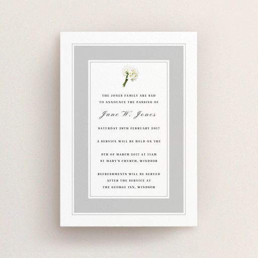 A funeral notification card template titled "A bouquet of remembrance". It is an A6 card in a portrait orientation. "A bouquet of remembrance" is available as a flat card, with tones of grey and white.