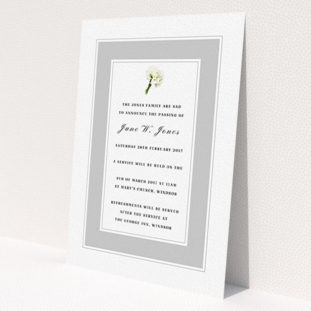 A funeral notification card template titled "A bouquet of remembrance". It is an A6 card in a portrait orientation. "A bouquet of remembrance" is available as a flat card, with tones of grey and white.