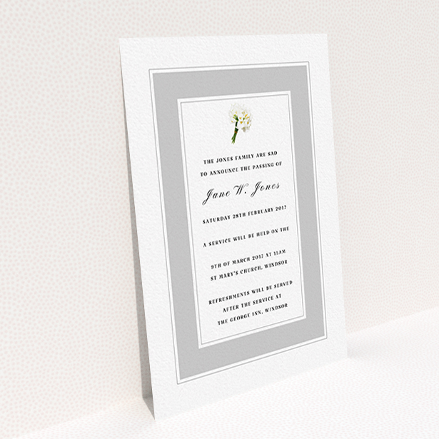 A funeral notification card template titled "A bouquet of remembrance". It is an A6 card in a portrait orientation. "A bouquet of remembrance" is available as a flat card, with tones of grey and white.